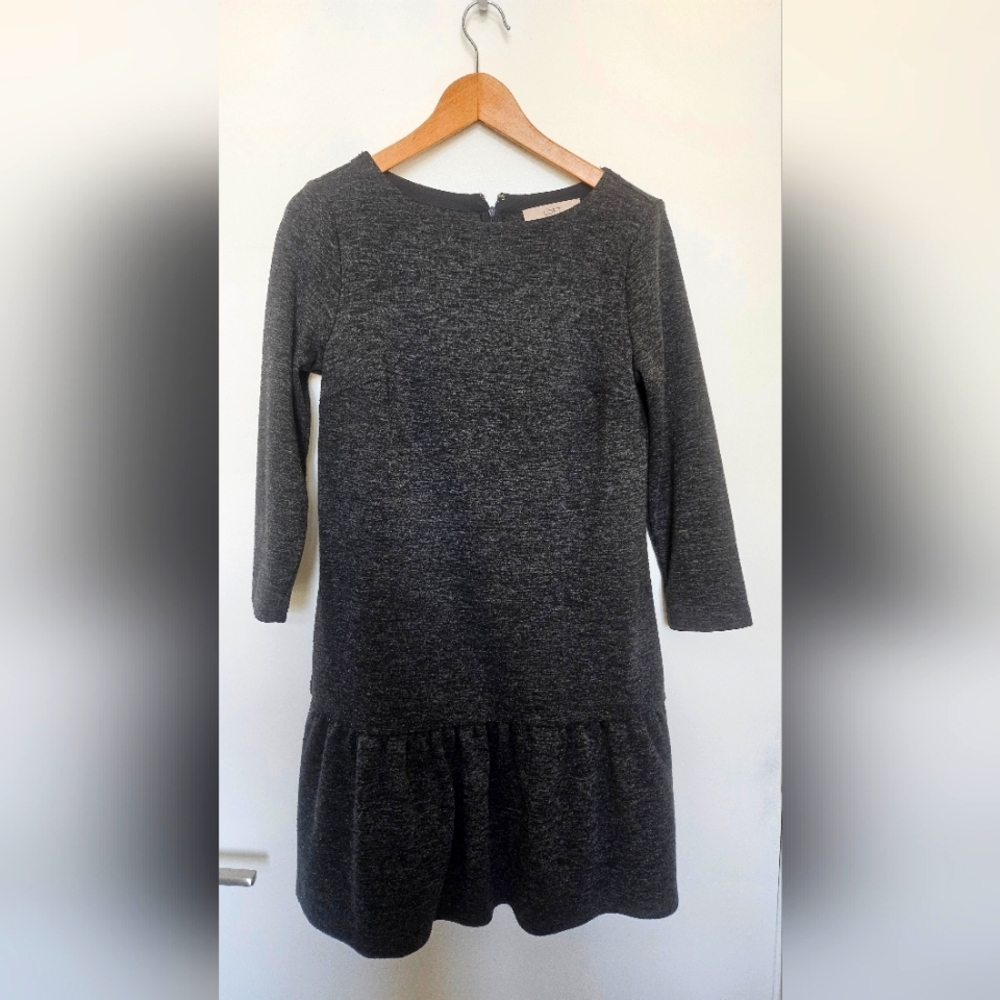 LOFT Gray Sweater Dress Women's 3/4 Sleeve Frill bottom Size S